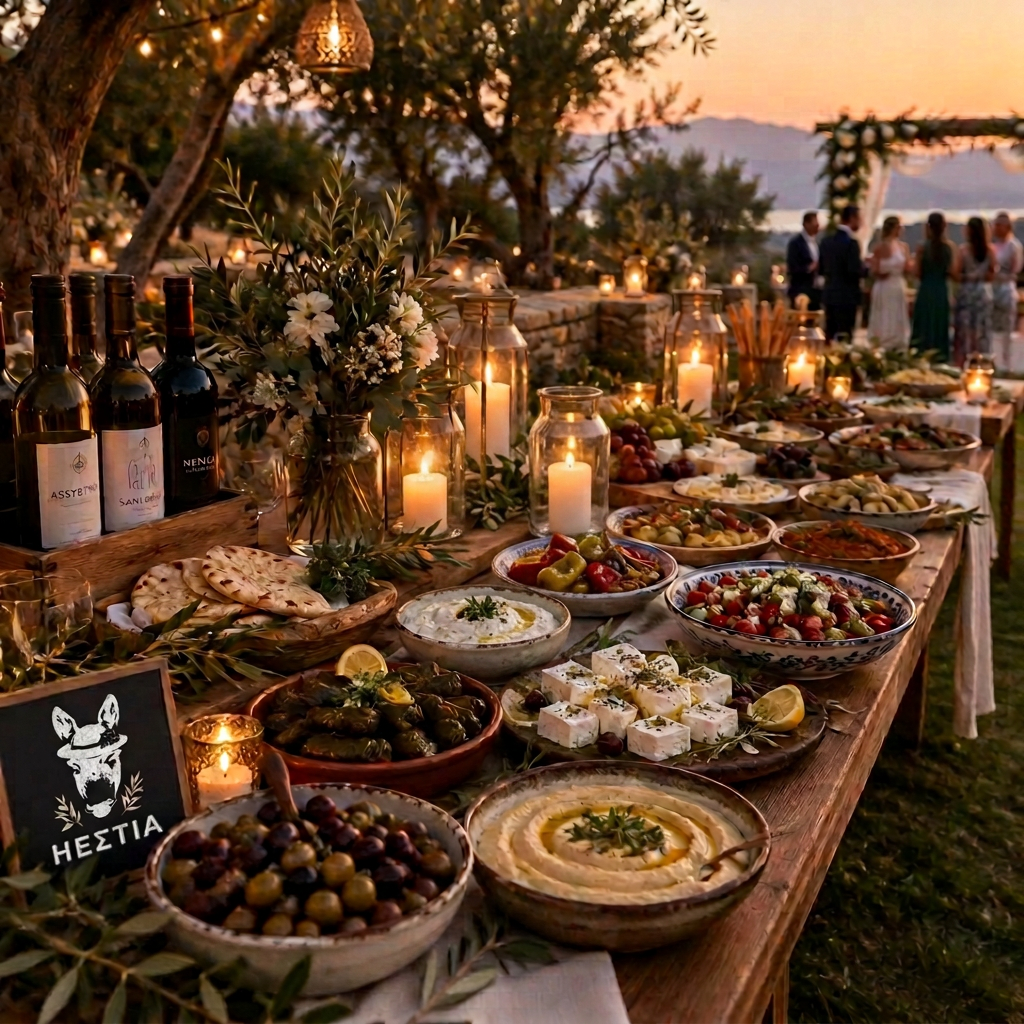 Greek mezze buffet at an outdoor wedding with a Hestia sign on the table
